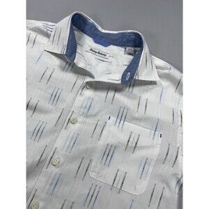 Tommy Bahama MENS L White Blue Dash Stripe Long Sleeve Button Up Shirt Casual